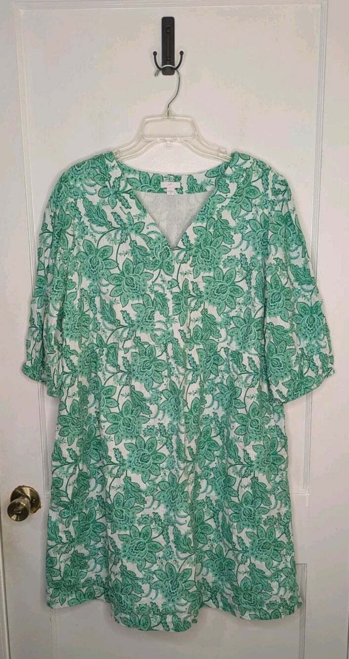 J. Jill Dress XL Green White Floral Cotton V-Neck Babydoll Peasant Boho